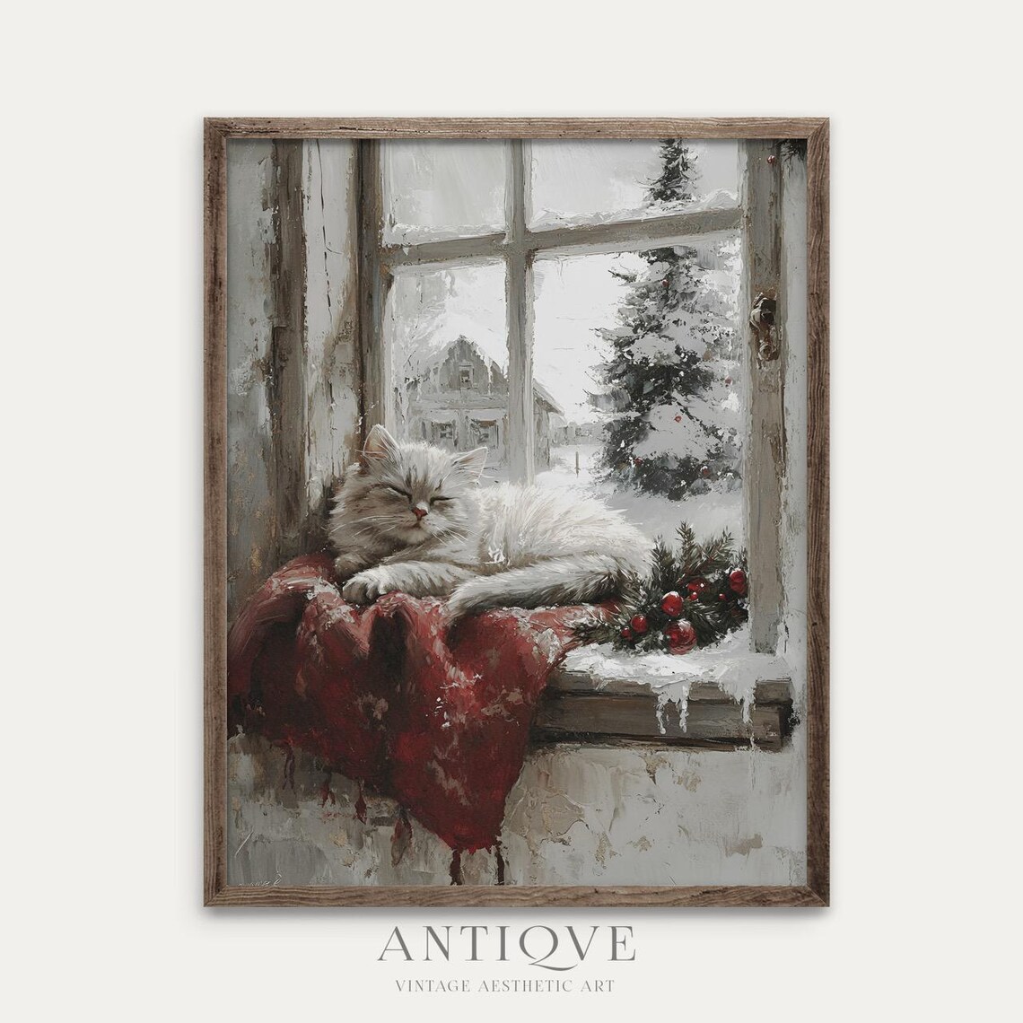 Winter White Cat Print, Cozy Rustic Farmhouse