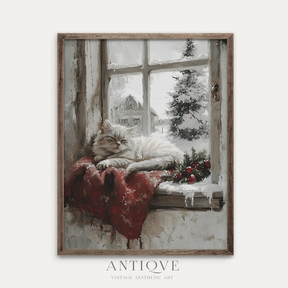 Winter White Cat Print, Cozy Rustic Farmhouse