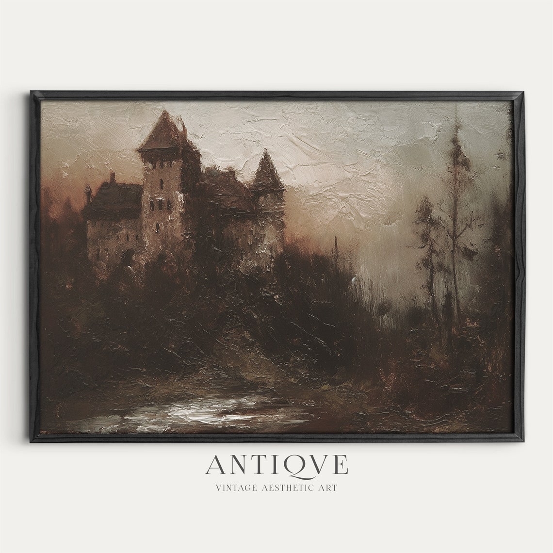 Medieval Castle on Hill Dark Dusk Vintage Oil Painting Print - Image 3