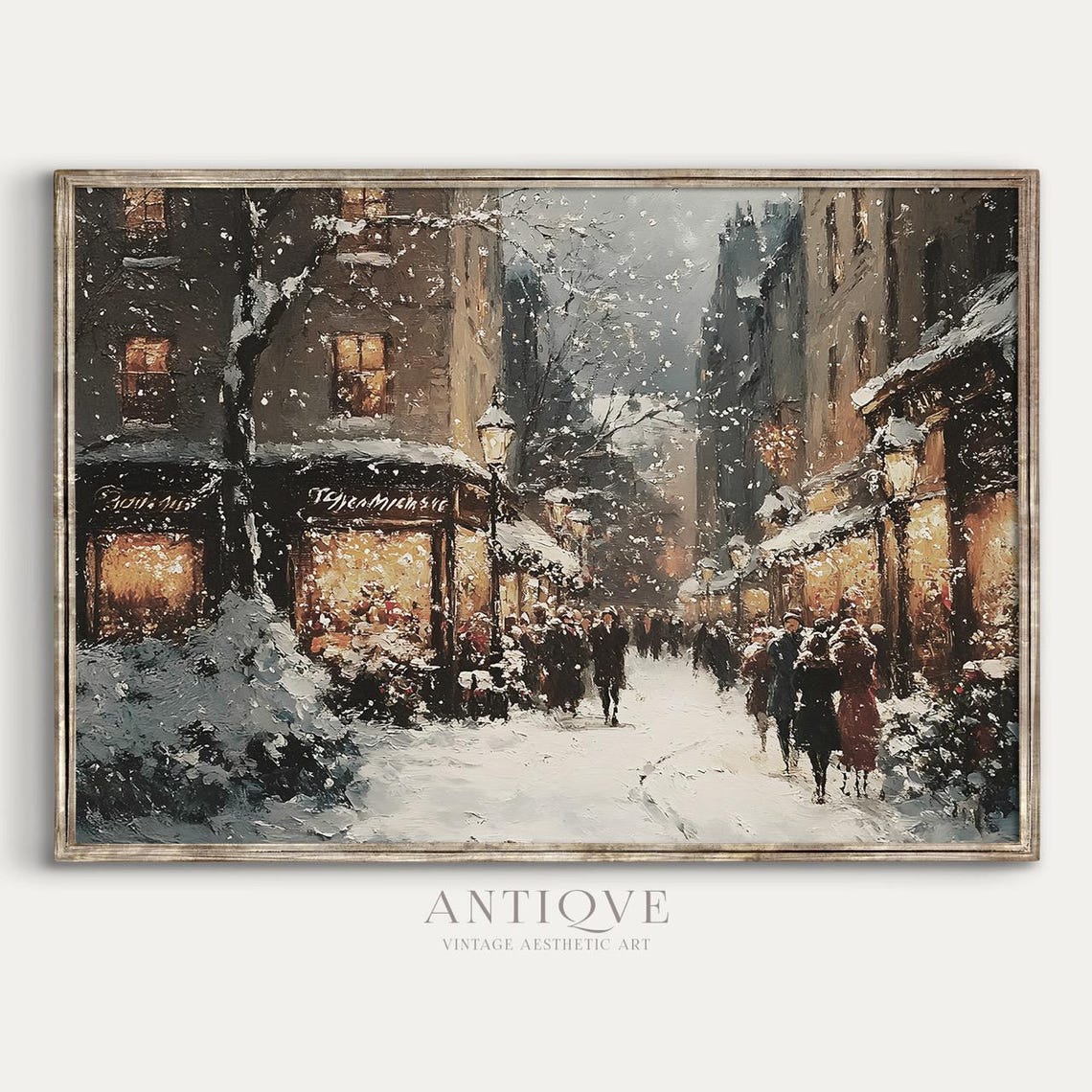 Parisian Street In Snow With Lit Shop Windows Winter City Poster