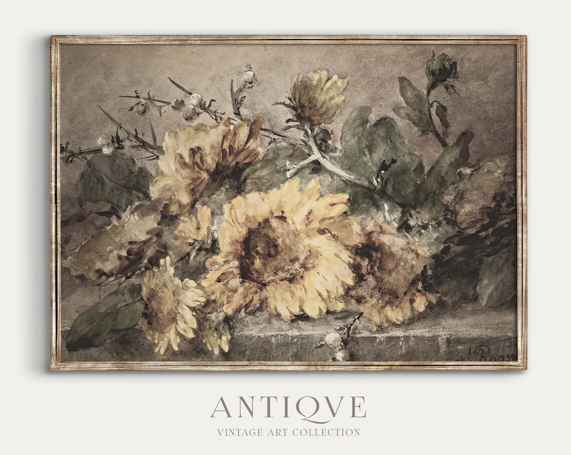 Vintage Sunflower Painting, Botanical Art Print