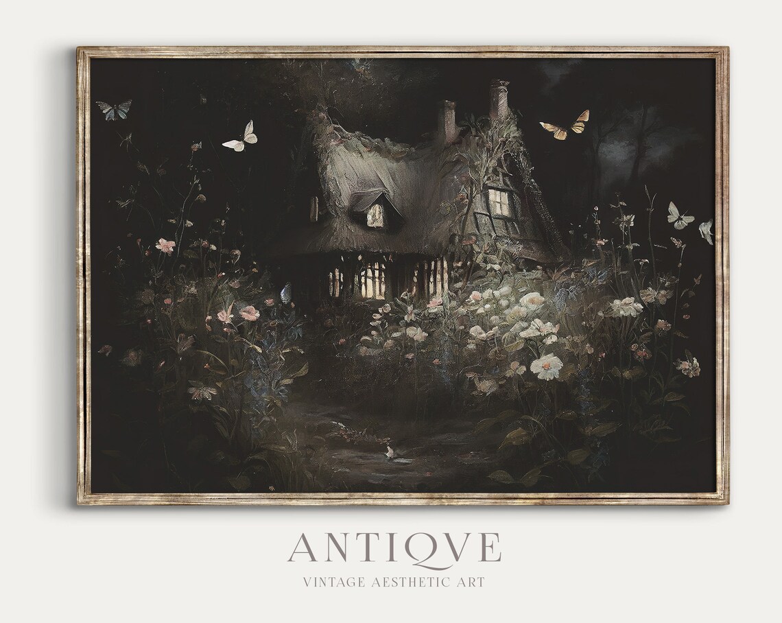 Moody Cottage In The Forest With Butterflies Art Print