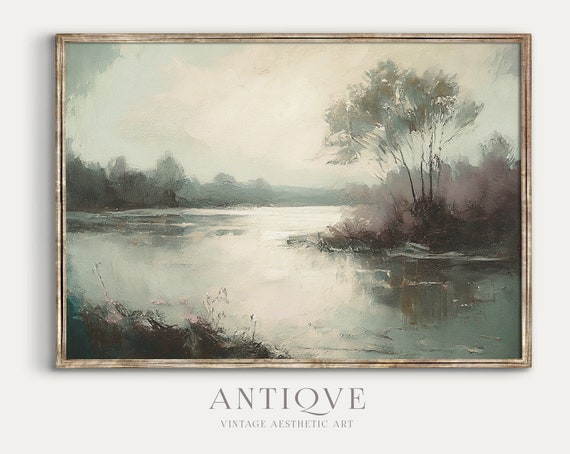 Impressionist Abstract Landscape Lake Painting Blue Muted Soft Colors Landscape Art 666