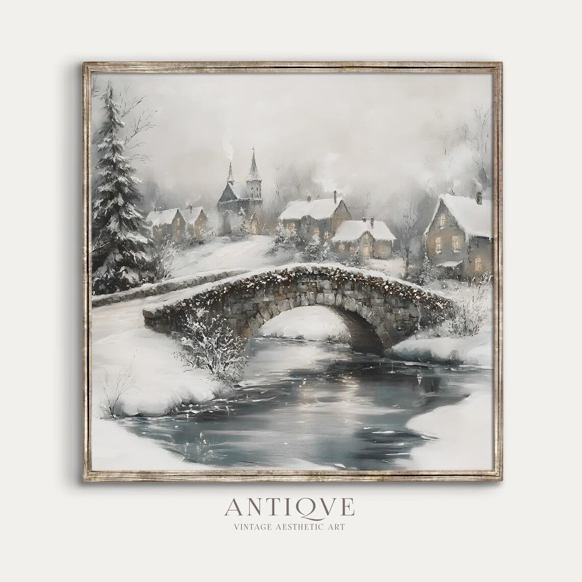 Snowy Stone Bridge Over River In Winter Village Landscape Poster - Image 3
