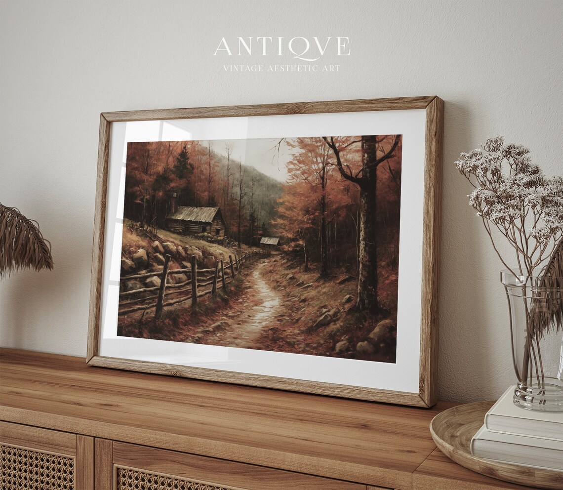 Wooden Cabin In Autumn Woodlands Art Print, Rustic - Image 2