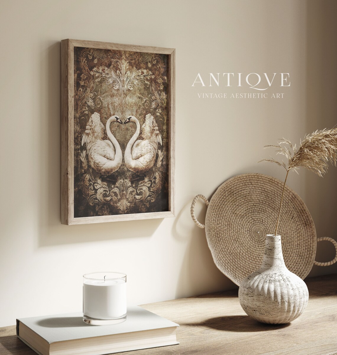 Symmetrical Tapestry Of Two White Swans, Wall Art Print - Image 4
