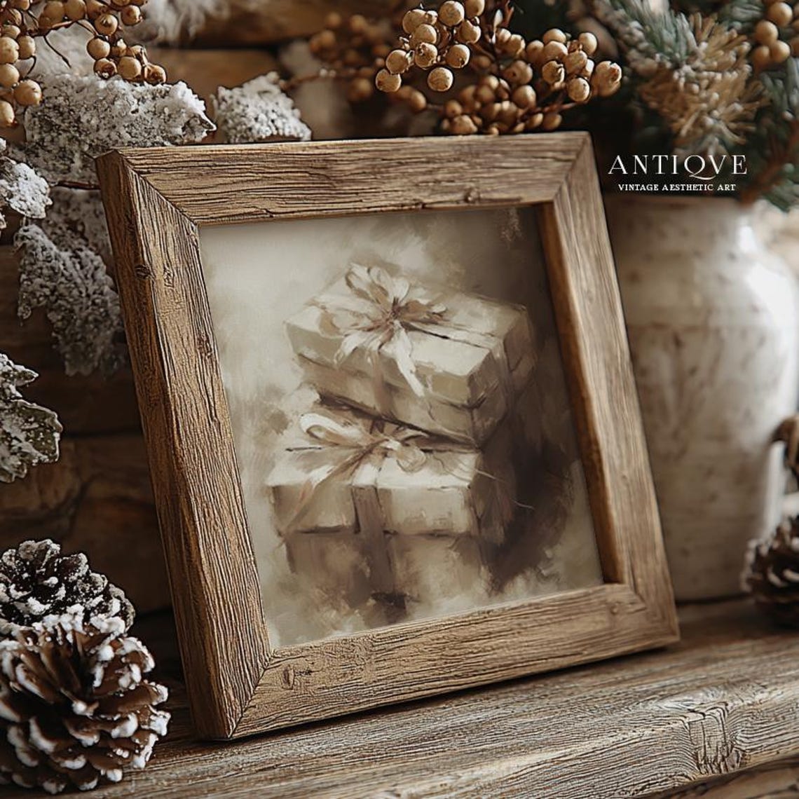 Stacked Wrapped Gift Boxes Neutral Beige Ribbon Still Life Wall Art - Image 2