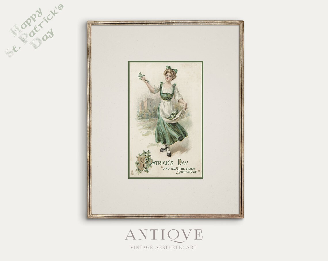 Vintage St Patricks Day Irish Woman With Shamrocks Print