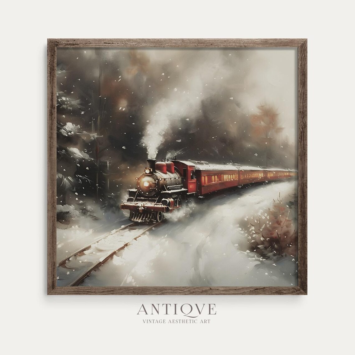 Red Steam Locomotive In Winter Snow Square Vintage Train Art Poster - Image 2