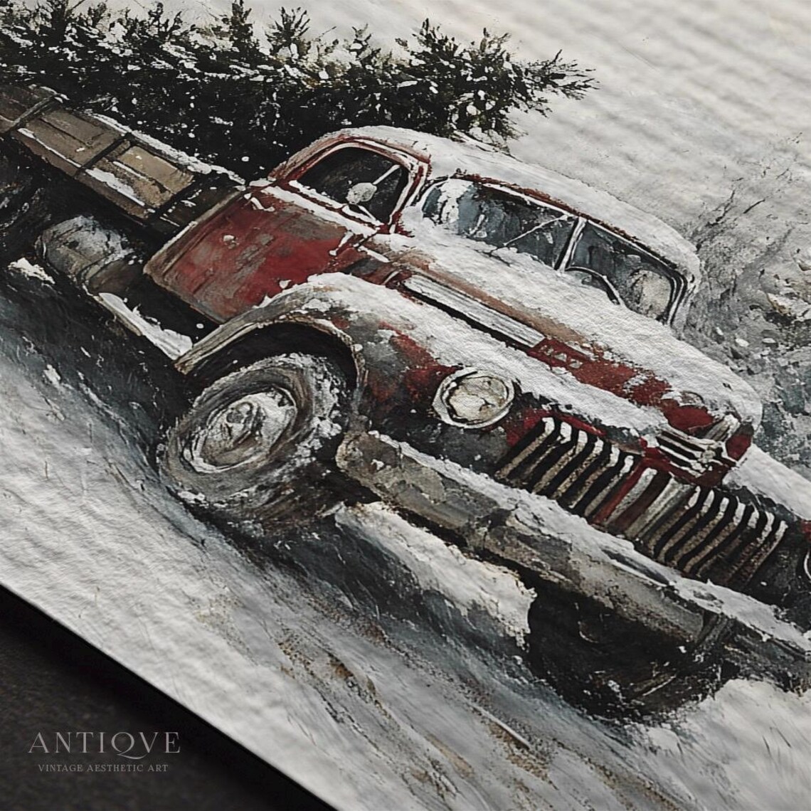 Rustic Red Vintage Truck With Christmas Tree Snow Square Art Poster - Image 2