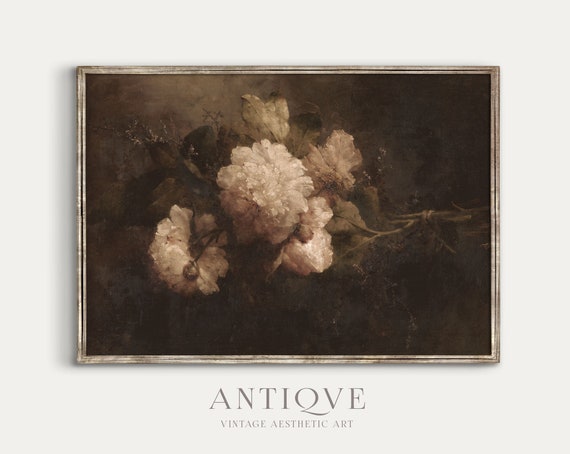 Moody Floral Still Life Painting, Peony Bouquet Art Print