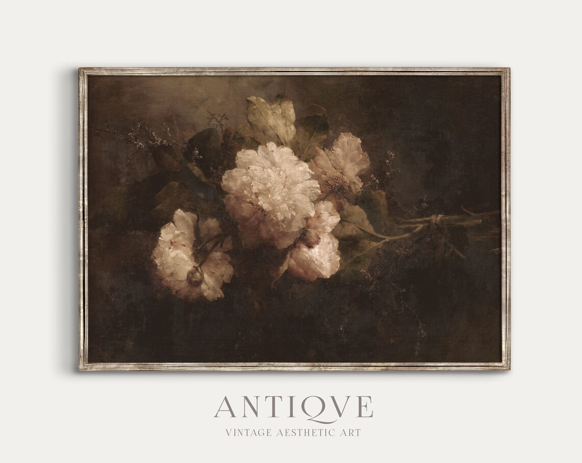 Moody Floral Still Life Painting, Peony Bouquet Art Print