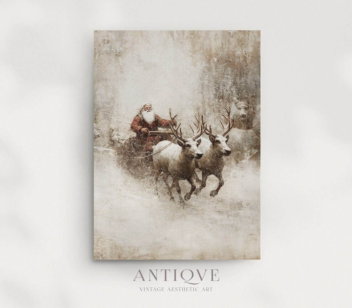 Santa Claus on Sled with Reindeer, Rustic Art Print - Image 3