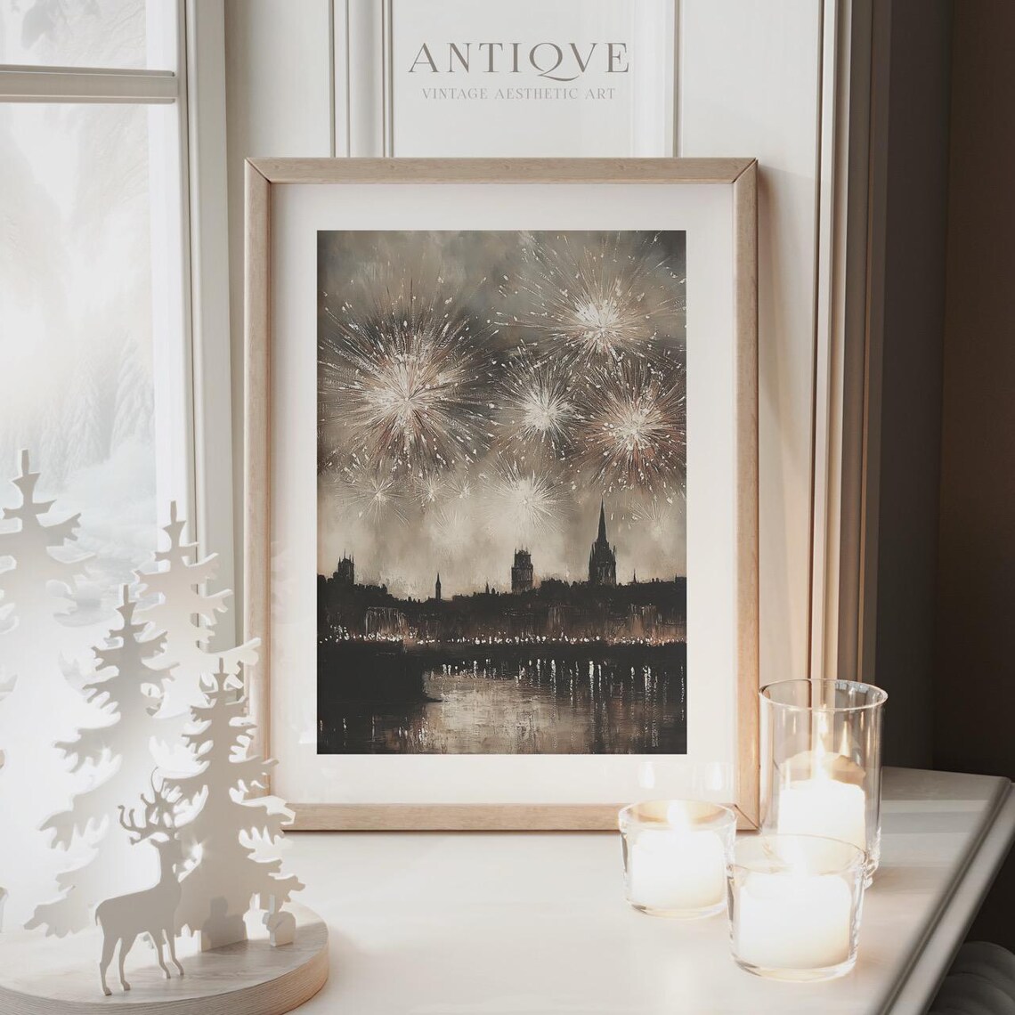 Fireworks Over City Skyline Vertical Oil Painting Festive Print