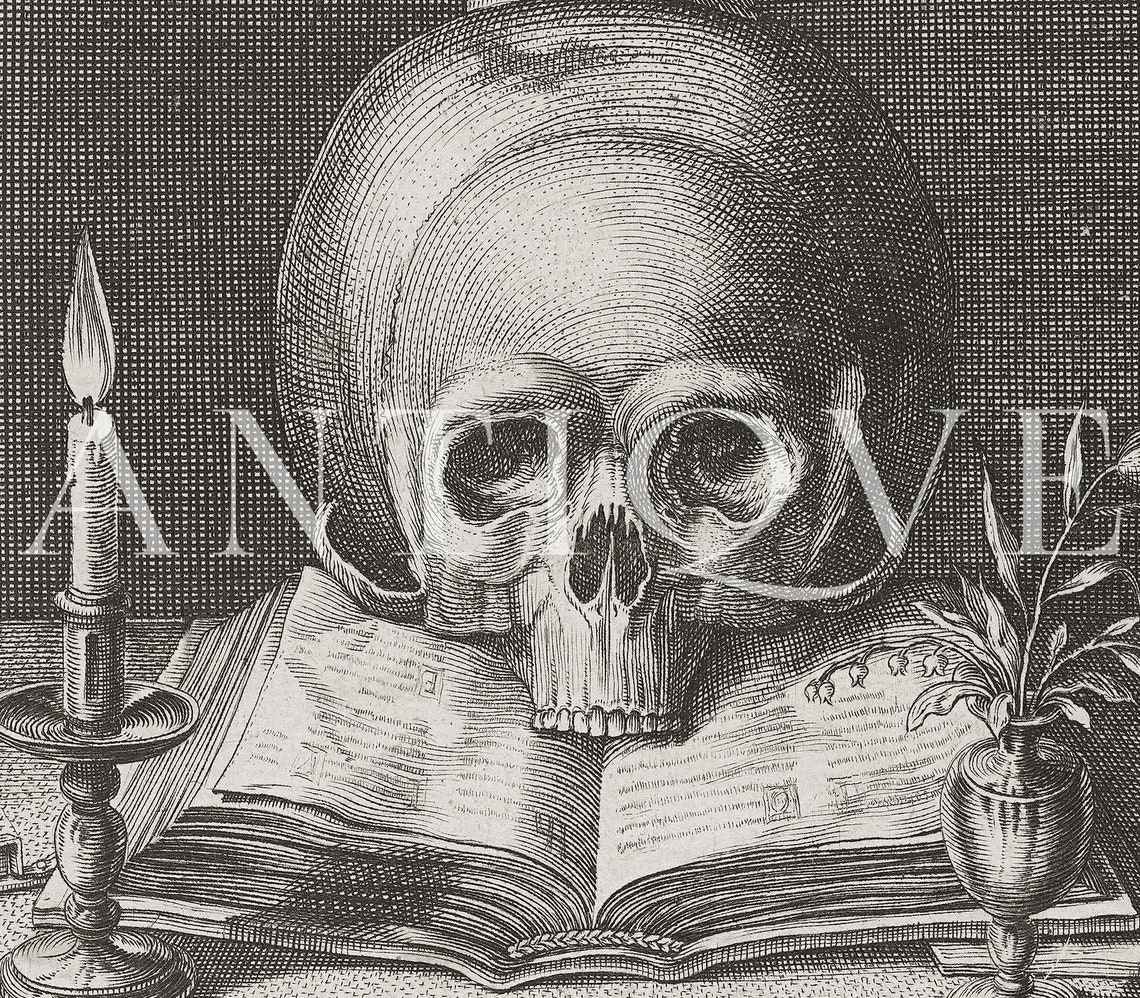 Memento Mori Skull Book Candle Hourglass 1626 Engraving Poster - Image 3