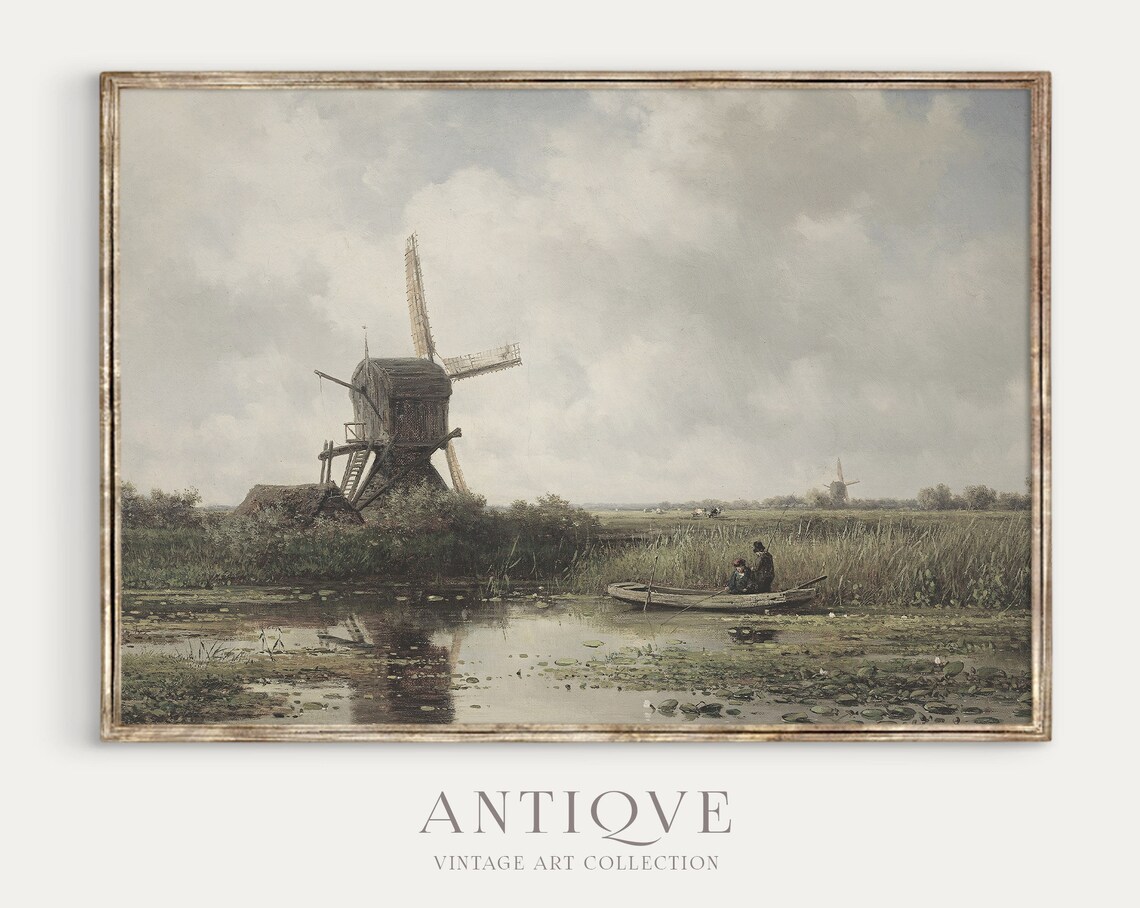 Vintage Windmill Landscape Oil Painting Art Print