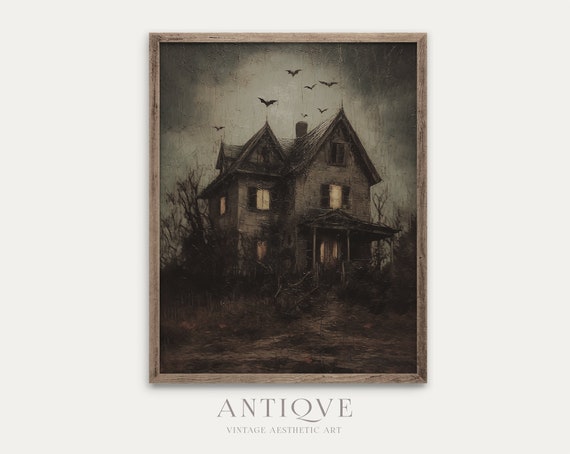Black Spooky House, Goth Halloween Art Print