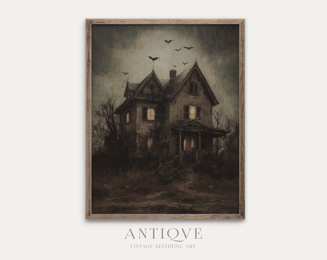 Black Spooky House, Goth Halloween Art Print