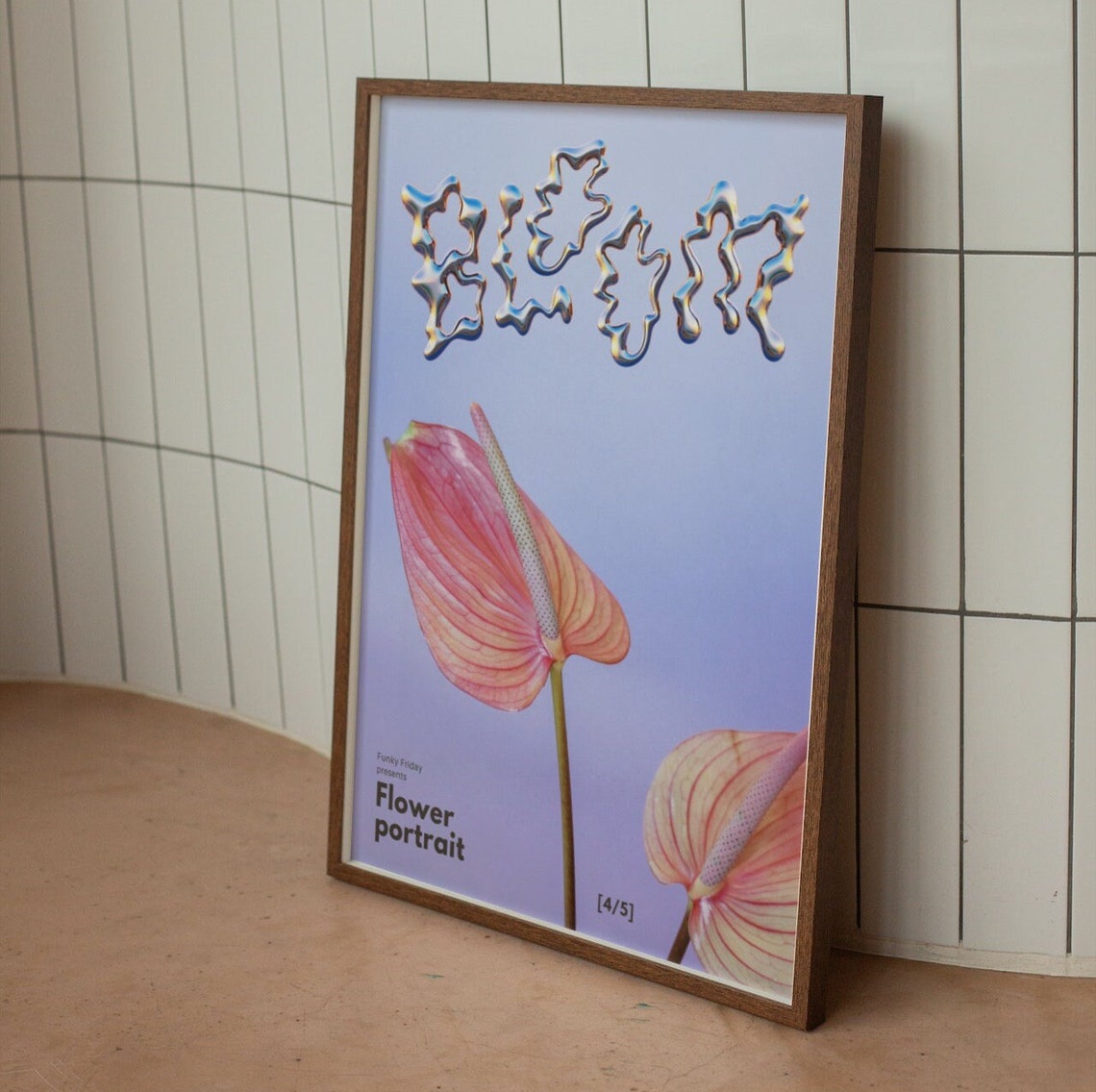 Bloom Chrome Y2K Flower Poster with Pink Anthurium Portrait Artwork - Image 2