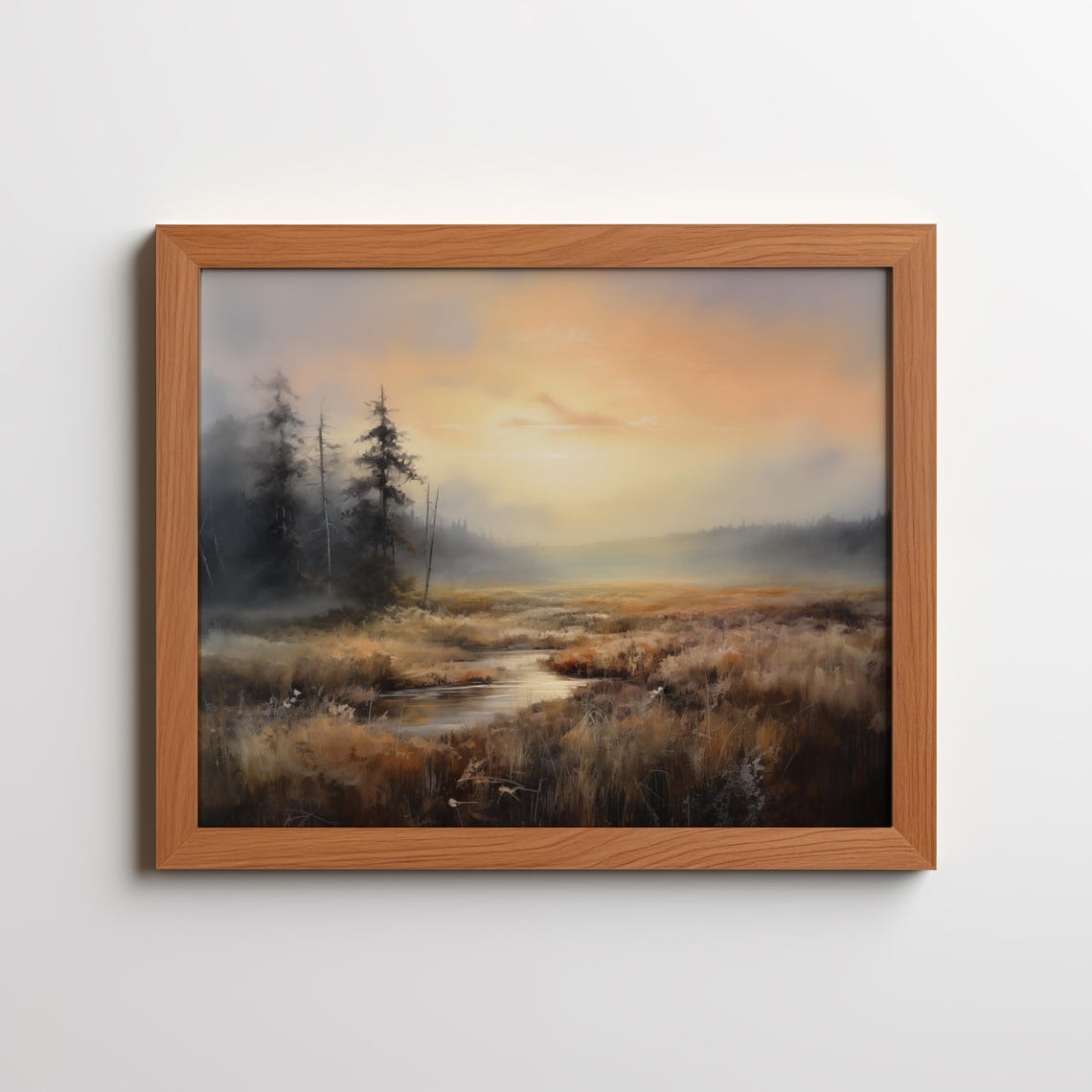 Misty Meadow at Dusk Painting Poster Golden Field Pine Trees Art