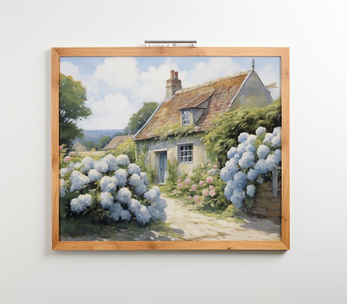 Romantic Stone Cottage Hydrangea Garden English Countryside Poster