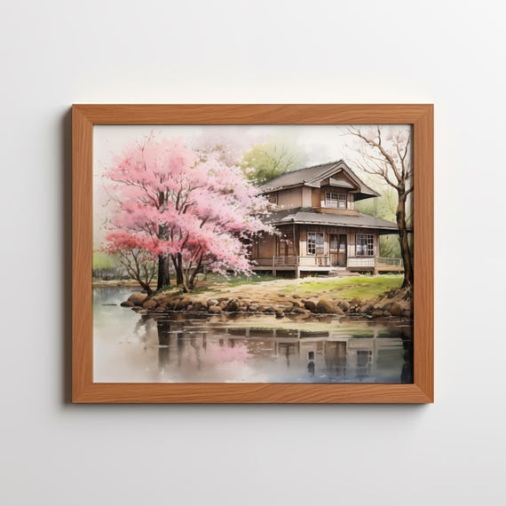 Japanese Zen Garden Print Cherry Blossom Painting