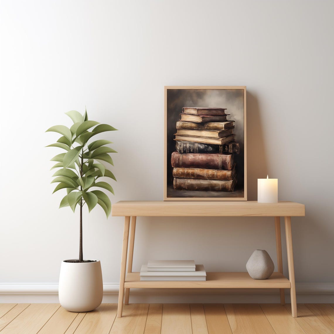 Vintage Book Stack Oil Style Rustic Library Antique Books Poster