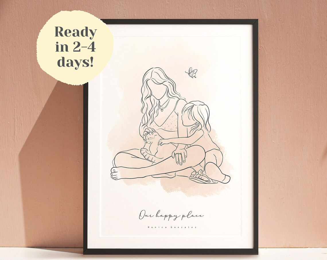 Mother With Two Children Happy Place Line Art Nursery Gift Poster