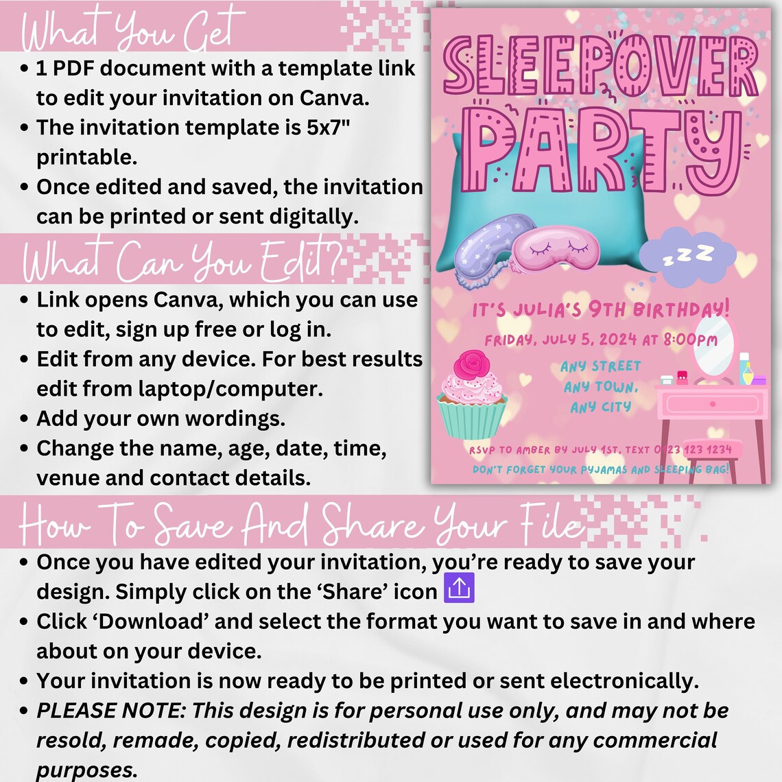 Sleepover Party Birthday Invitation Print Template Editable Pink Design - Image 2