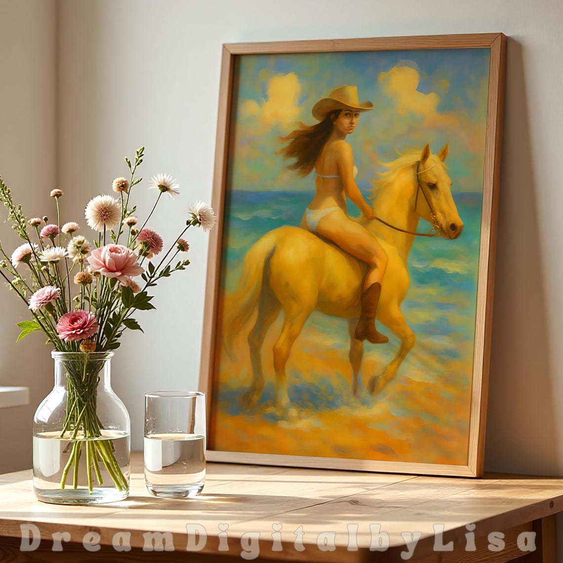 Beach Cowgirl Pastel Semi Abstract Painting Poster Coastal Cowgirl Western Wall Art Summer Cowgirl Expressionist
