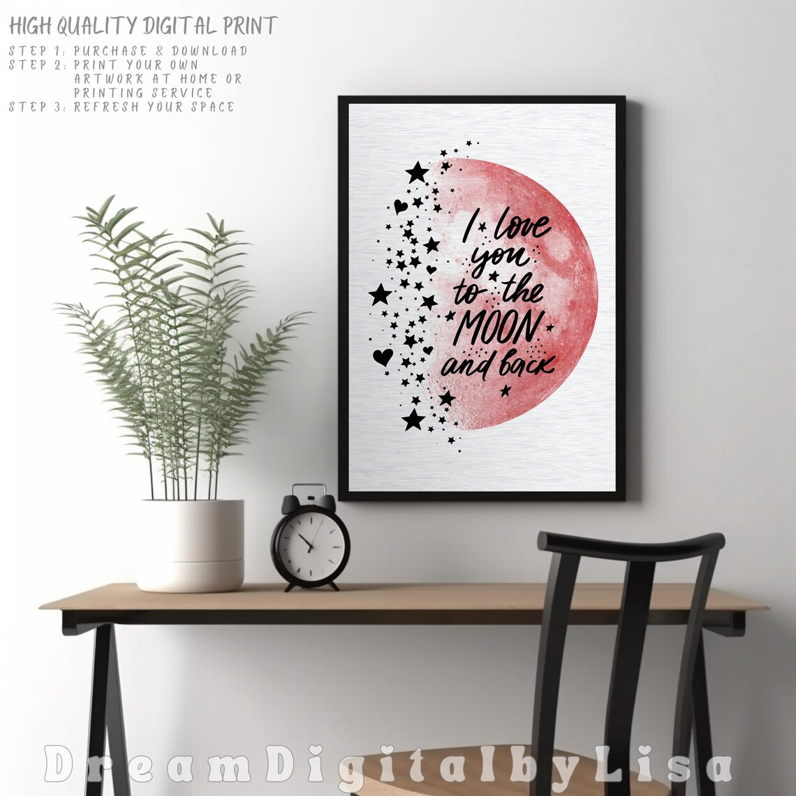 I Love You to the Moon and Back Red Watercolor Moon Romantic Poster - Image 3