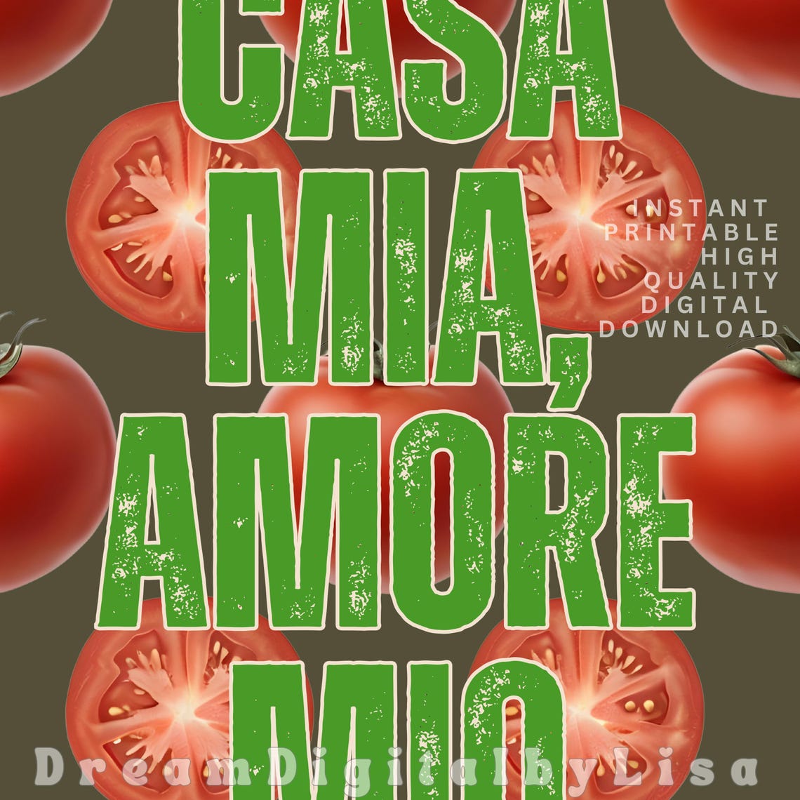 Casa Mia Amore Mio Green Text on Tomato Pattern Kitchen Art Poster - Image 3
