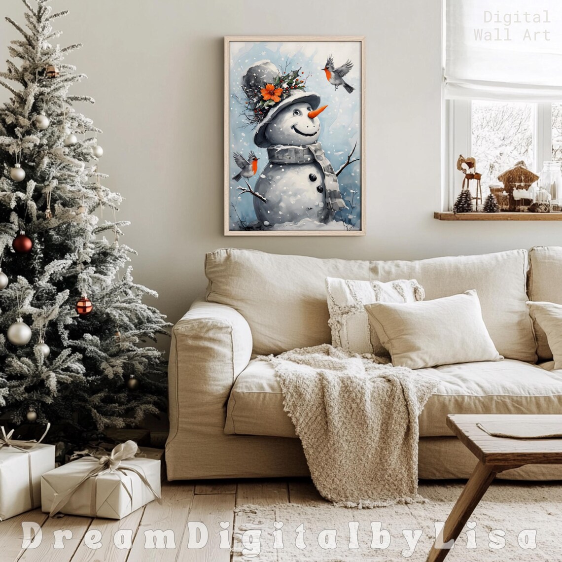 Happy Snowman Abstract Rustic Christmas, Winter Robins - Image 2