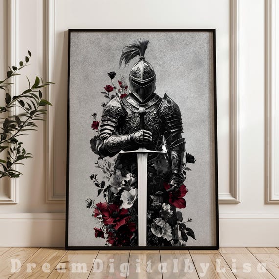 Medieval Knight Armour With Sword, Gothic Flowers
