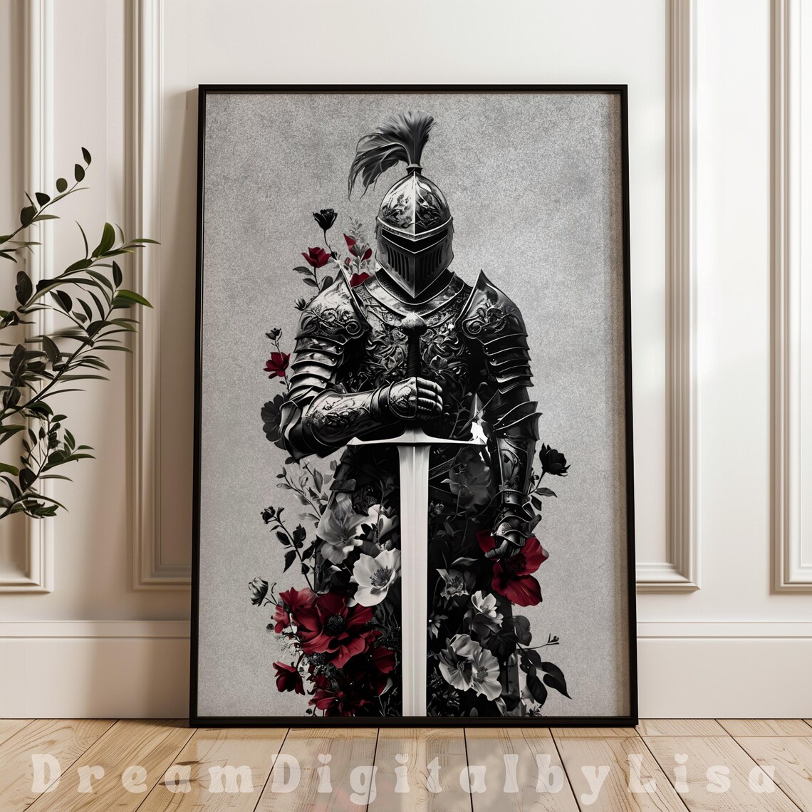 Medieval Knight Armour With Sword, Gothic Flowers