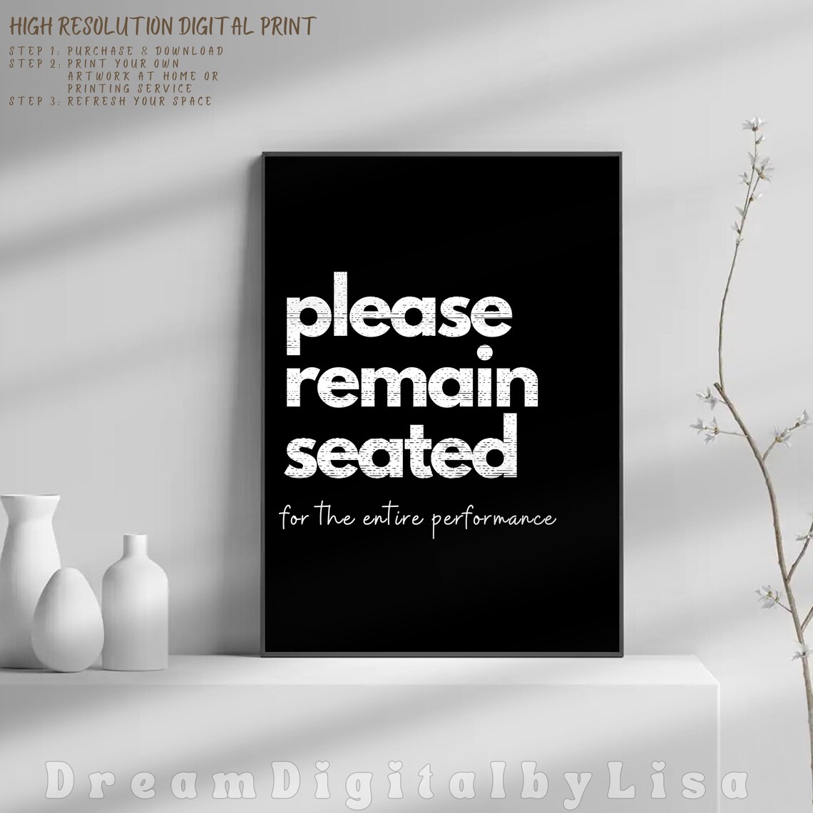 Please Remain Seated Funny Bathroom Quote Black White Poster - Image 2