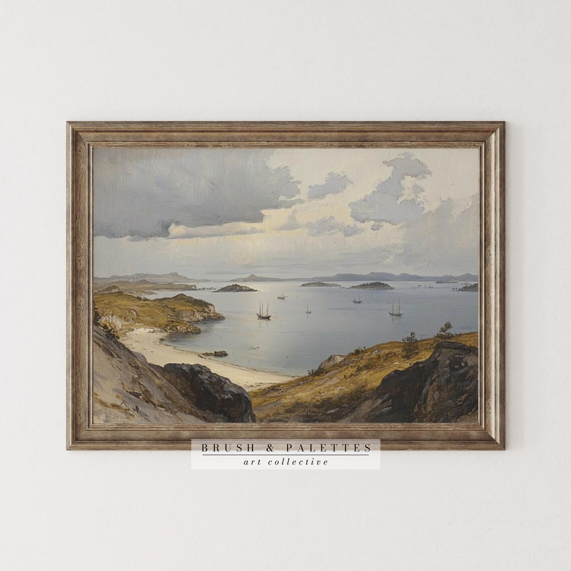 Vintage Coastal Harbor Painting Sailboats Islands Seascape Poster