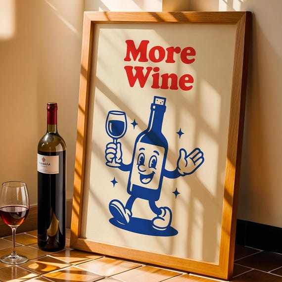 More Wine Retro Poster Smiling Bottle Wall Art Funny Vintage Bar Decor Instant