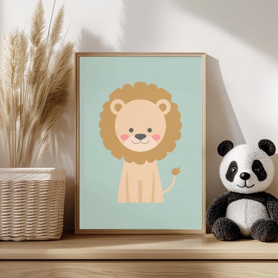 Cute Smiling Cartoon Lion Nursery Decor Mint Green Baby Room Wall Art