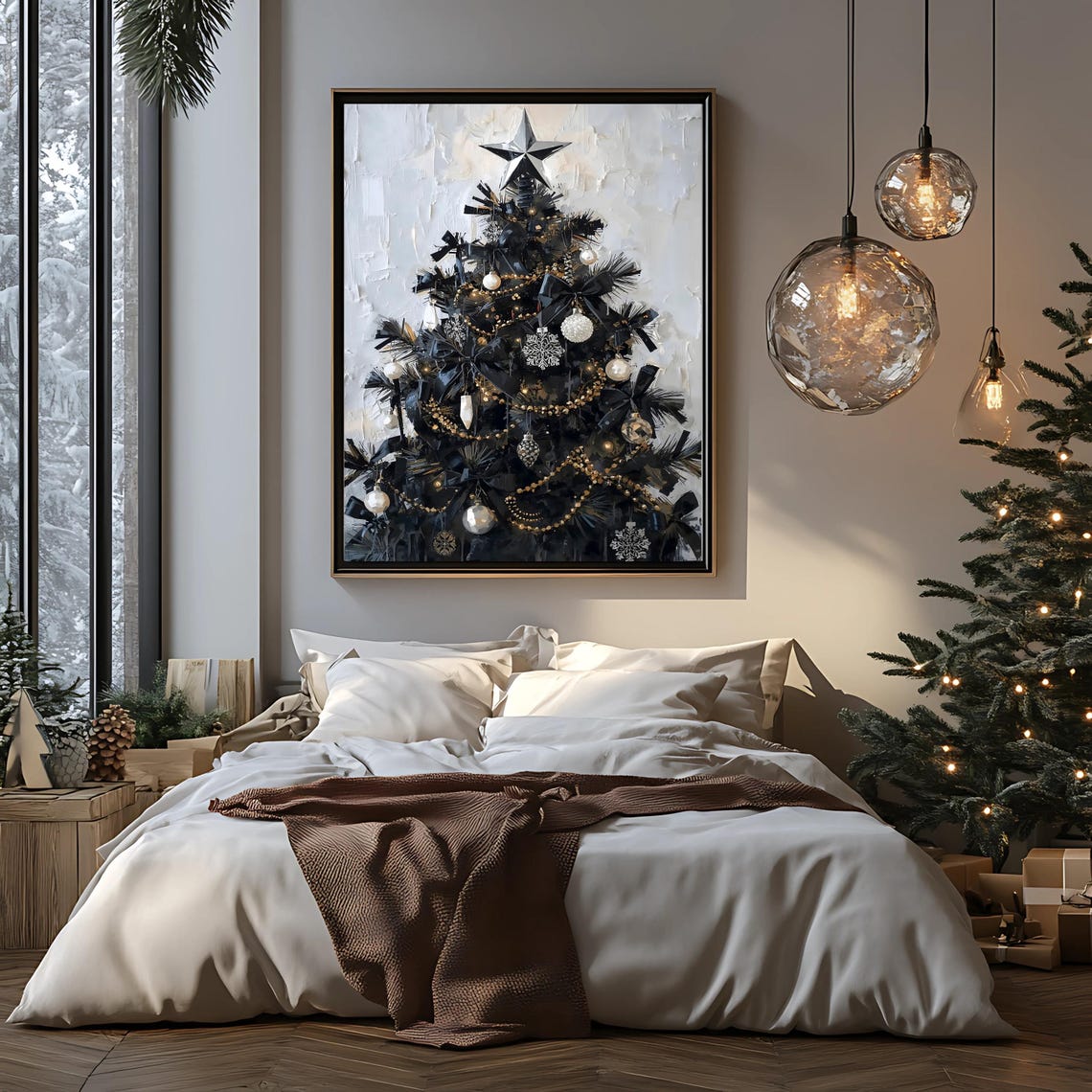 Black Christmas Tree With Gold Ornaments Star Modern Holiday Poster