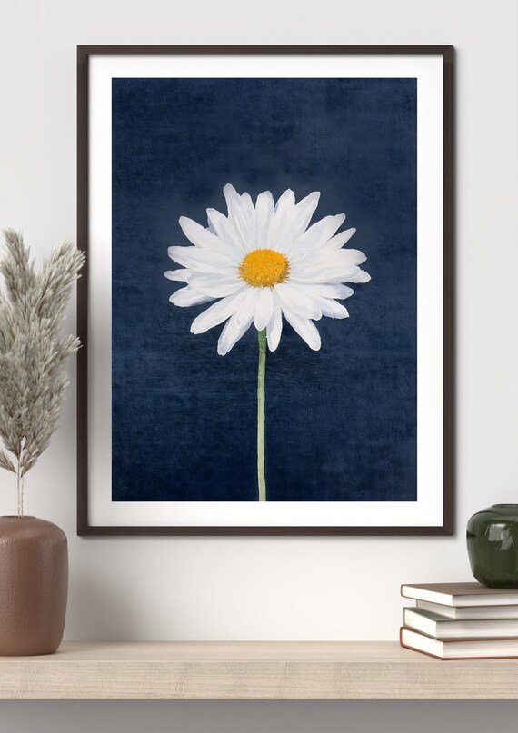 White Daisy Flower With Golden Center On Navy Background Poster