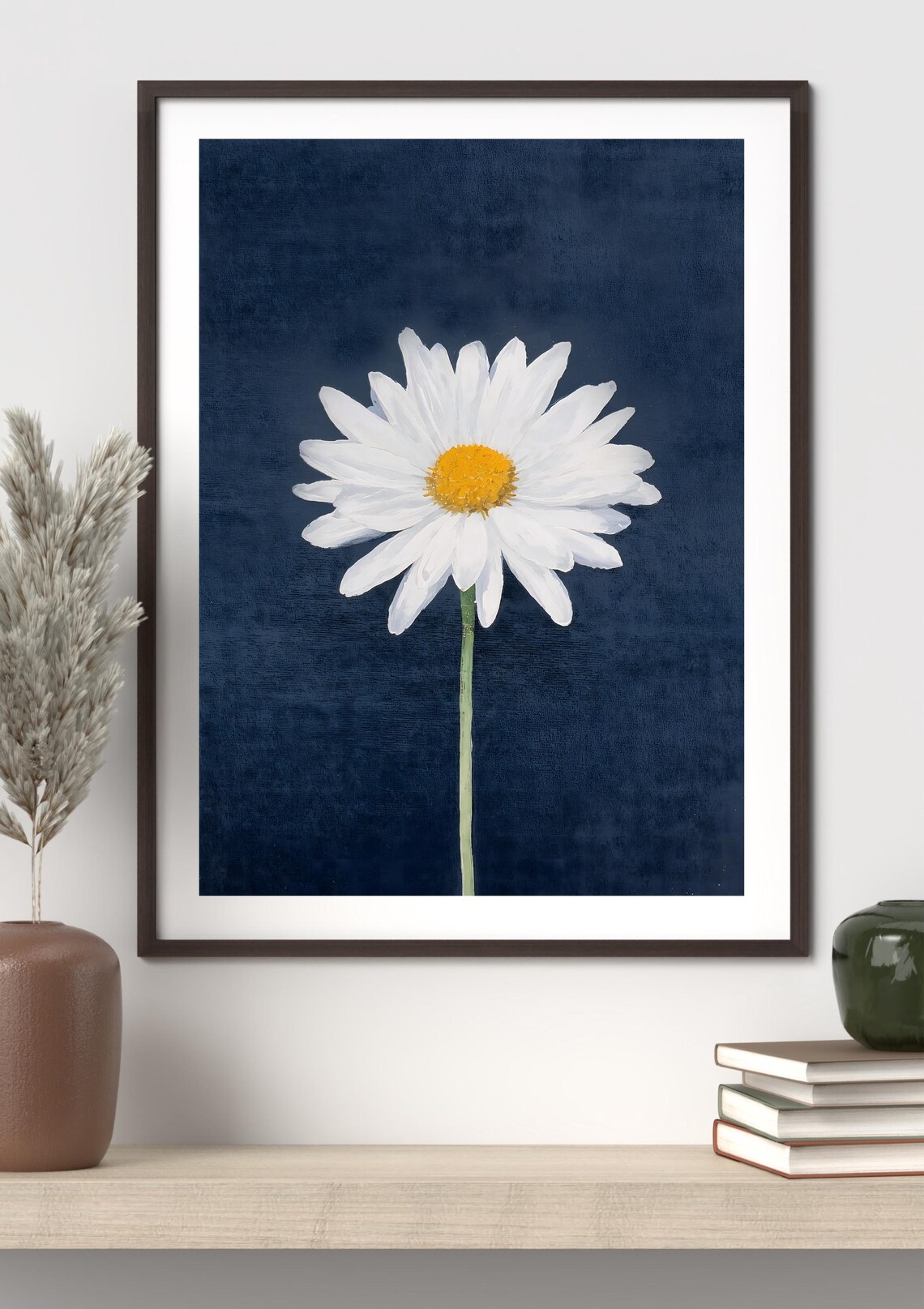 Minimalist Daisy Wall Art White Modern Floral Print Flower On Blue Canvas Style Instant