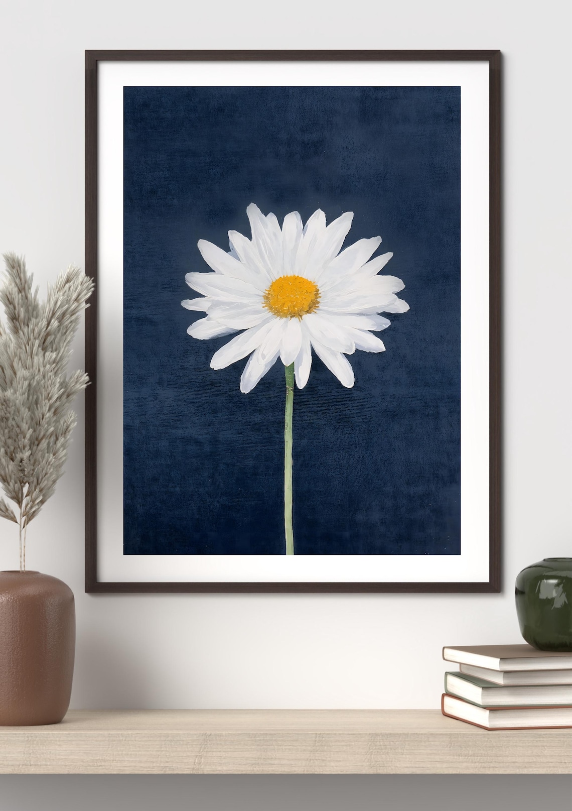 White Daisy Flower With Golden Center On Navy Background Poster