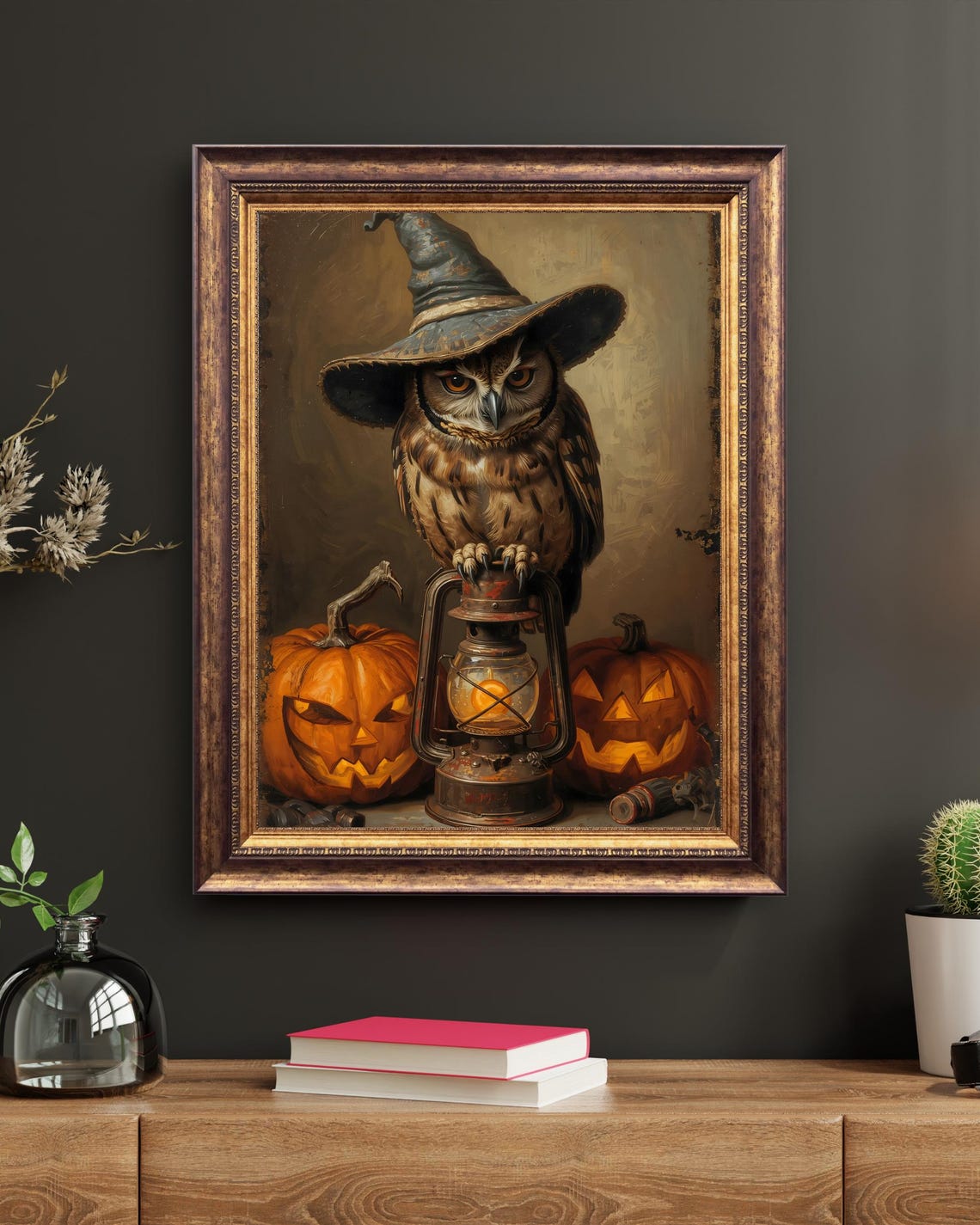 Witch Hat Owl with Jack-o'-Lanterns Vintage Halloween Poster