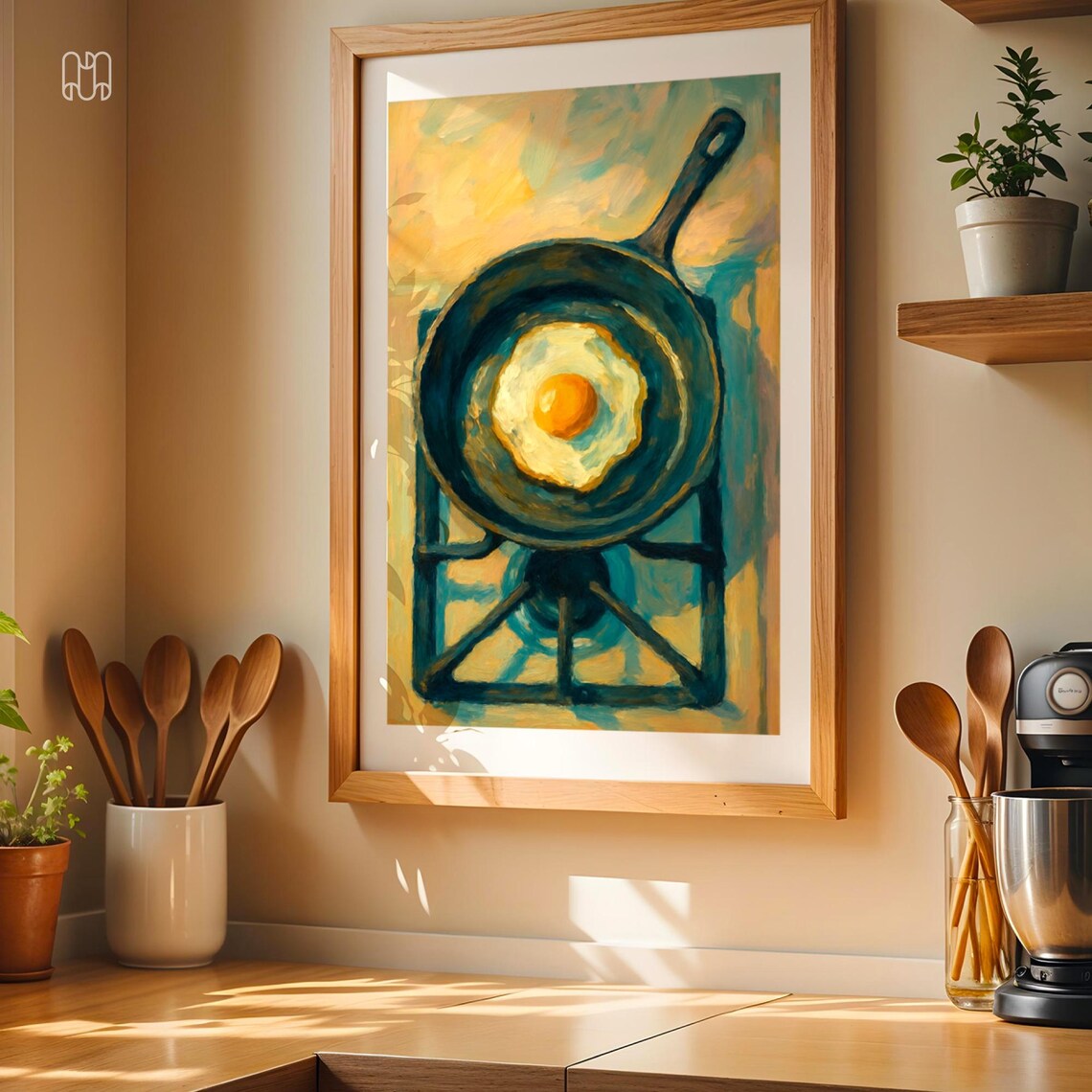 Minimalist Breakfast Print Golden Turquoise Egg Pan Art