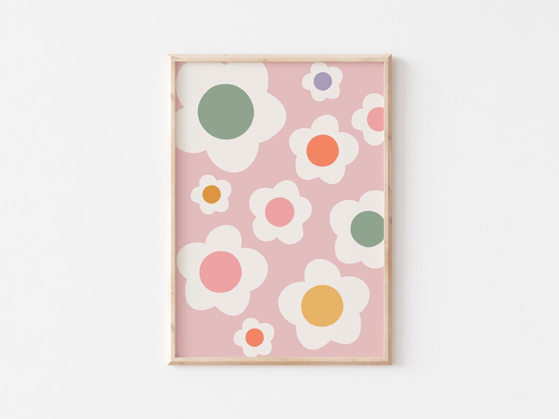 Trendy Funky Retro Daisy Floral Pattern Pink Botanical Wall Poster - Image 2