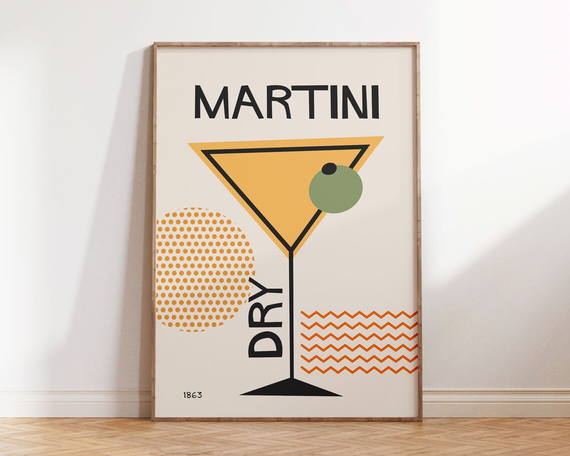 Martini Dry Retro Cocktail Art Print, Kitchen Bar