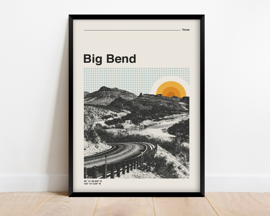 Big Bend Texas Desert Road Retro Sunset Halftone Photo Poster