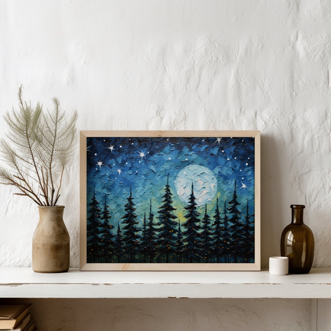 Starry Night Sky Pine Tree Silhouette Art Print - Image 2