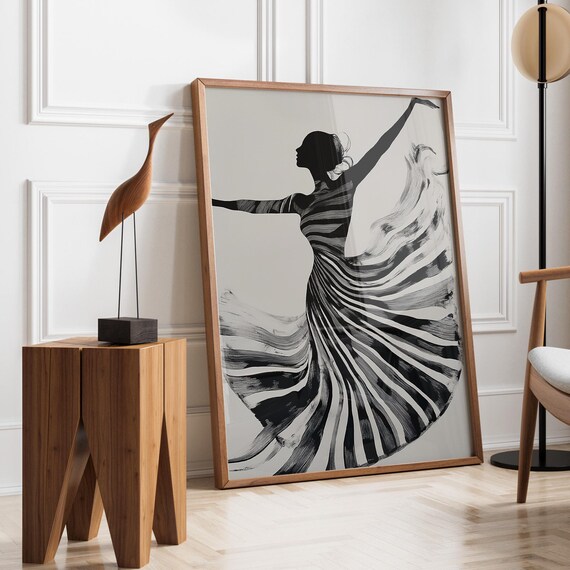 Dancer in Motion Flowing Striped Dress Monochrome Art Poster